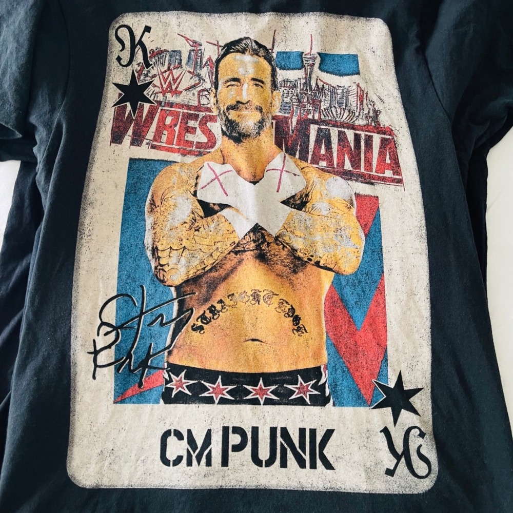 WWE Mens CM Punk WrestleMania Vegas Large Black Graphic T-Shirt Cotton